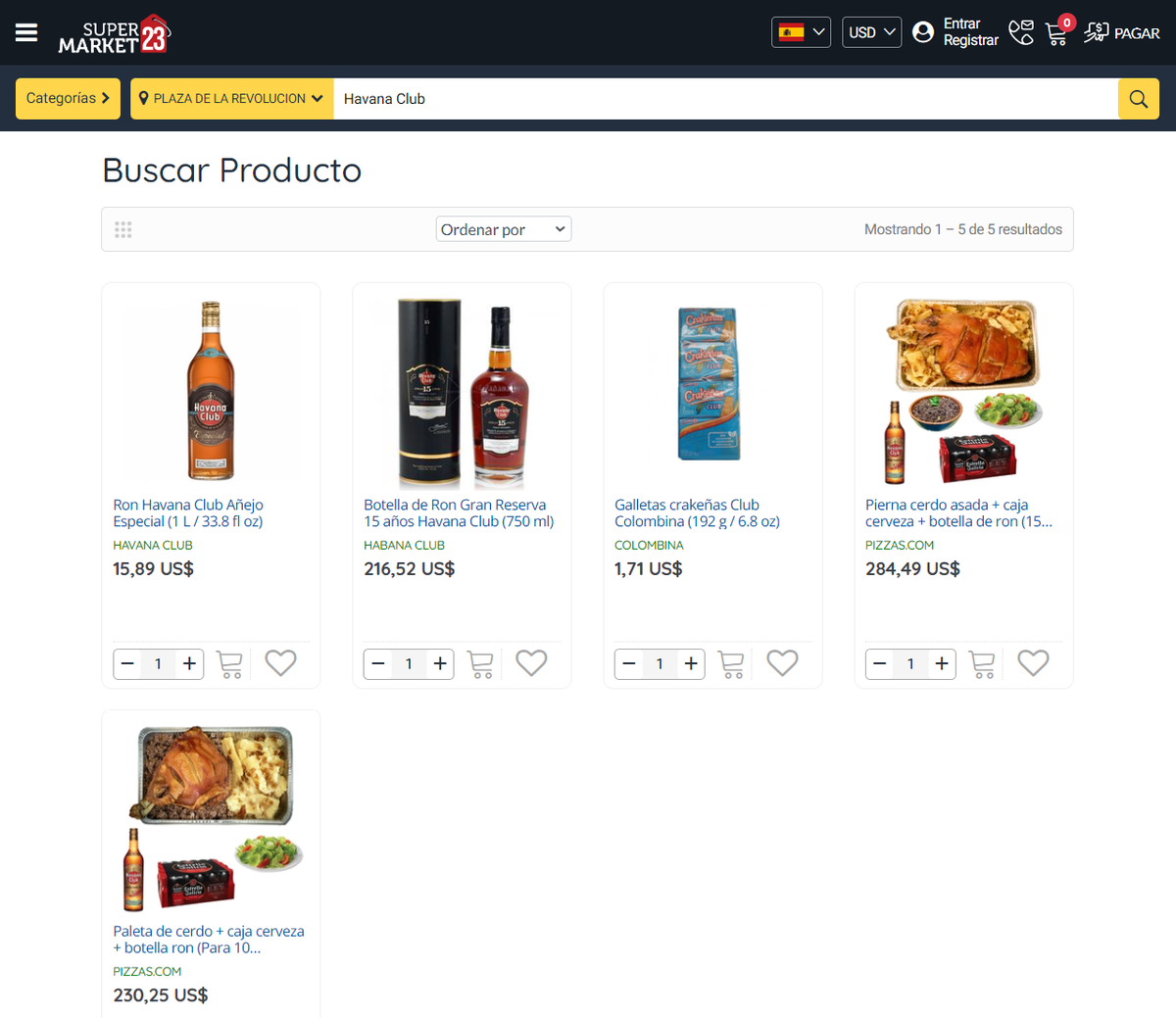 Captura de pantalla del sitio web Supermarket23.com, que ofrece productos Havana Club.