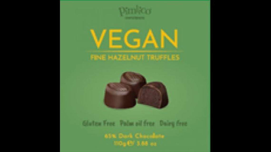 The label for Pimlico Confectioners Vegan Fine Hazelnut Truffles