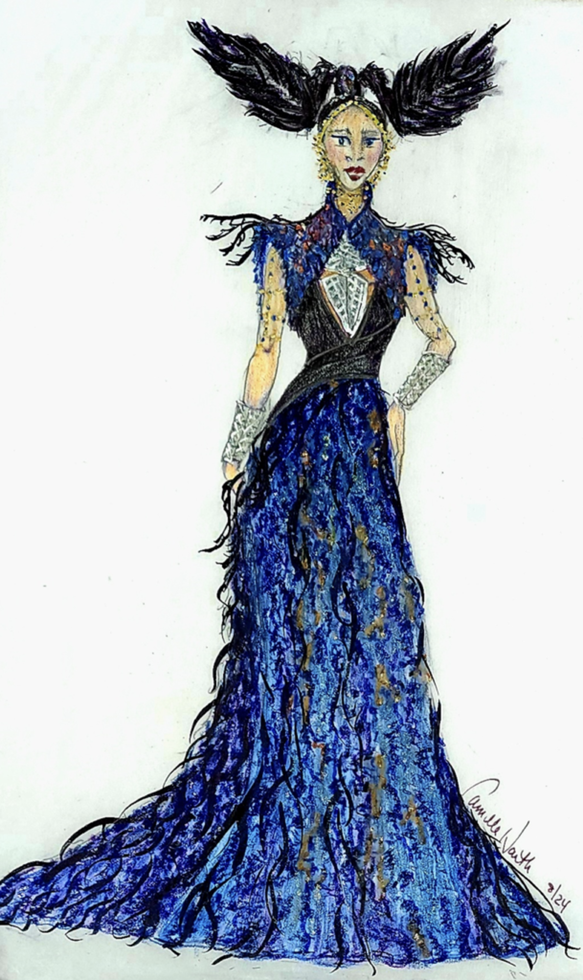 A sketch of the elaborate costume of Queen of the Night, designed by Camilla Haith for Florida Grand Opera’s “The Magic Flute.”
