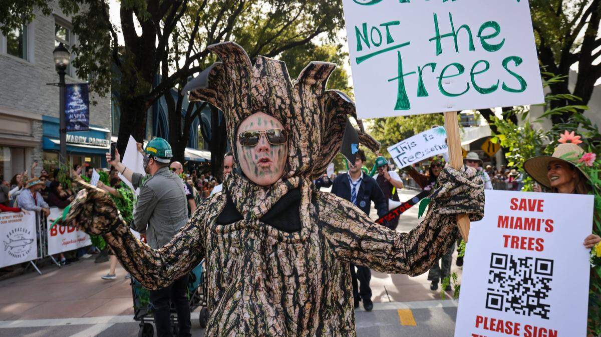 In January, opponents of Miami's proposal to loosen protection of the city's tree canopy dressed the part during the King Mango Strut Parade.