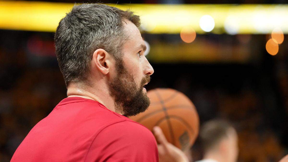 Miami Heat forward Kevin Love (42) looks on before game one of the 2023 NBA Finals against the Denver Nuggets at Ball Arena.