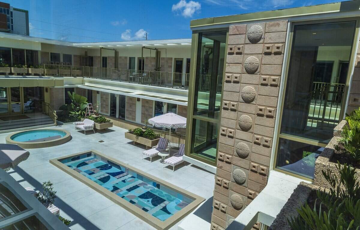 View of the central courtyard at the PS MIA, a luxury private terminal at Miami International Airport that allows commercial flight passengers to bypass the main airport crowds. Located at the historic former Pan American Airways headquarters (4900 NW 36th St), offers private TSA screening, Customs clearance, chef-prepared meals, spa services, and airfield transfers in a BMW, on Friday June 12, 2026.