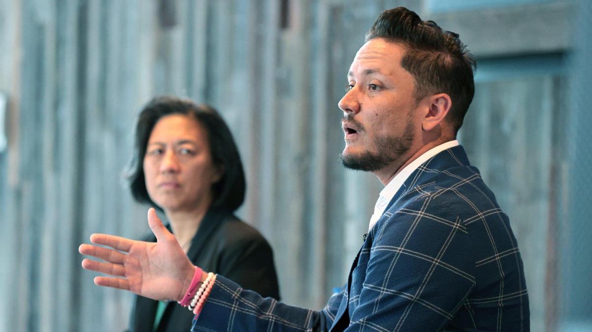 Miami Marlins shortstop Miguel Rojas speaks after Miami Marlins general manager Kim Ng announces a contract extension through the 2023 season at loanDepot park on Thursday, Oct. 28, 2021.