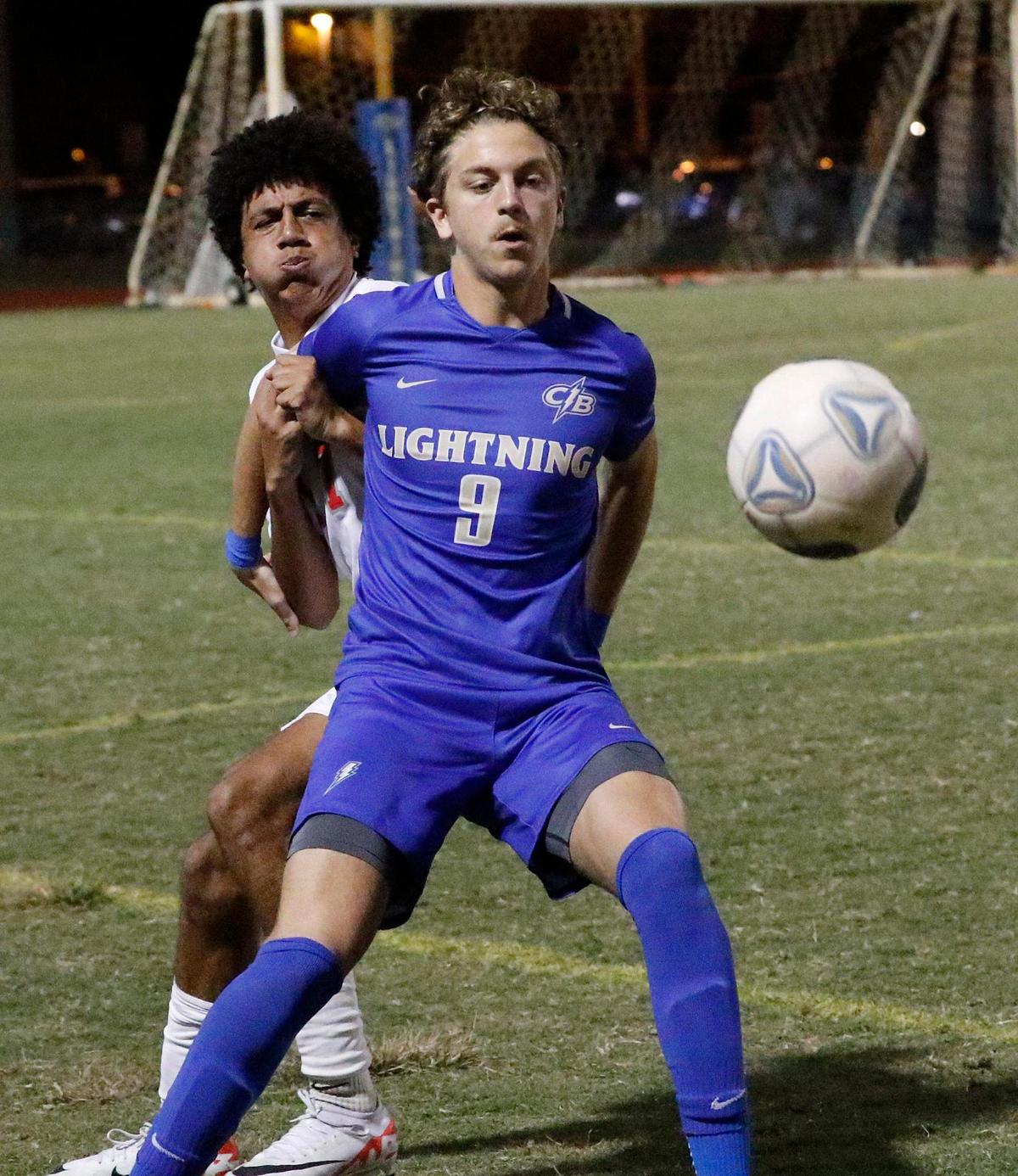 Cypress Bay Lightning Rafael Piazzi (9) attempts to take control of the ball during the Region 4-7A boys’ soccer semifinal against Coral Gables on Friday, February 16, 2024 at Cypress Bay HS in Weston.
