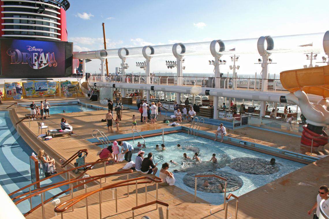 The Mickey Mouse pool (foreground) on the pool deck of the Disney Dream.