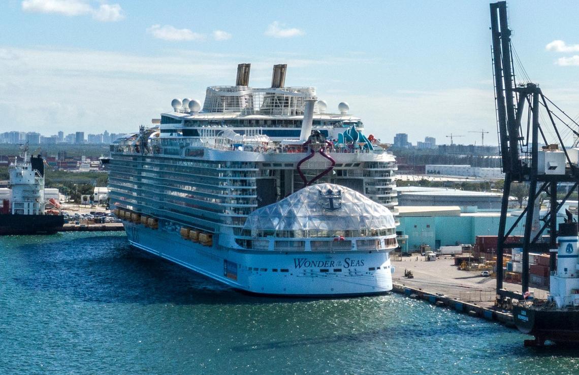 The Royal Caribbean’s latest ship the Wonder of the Seas, the world’s largest cruise ship at Port Everglades in Fort Lauderdale, on Friday, March 4, 2022.