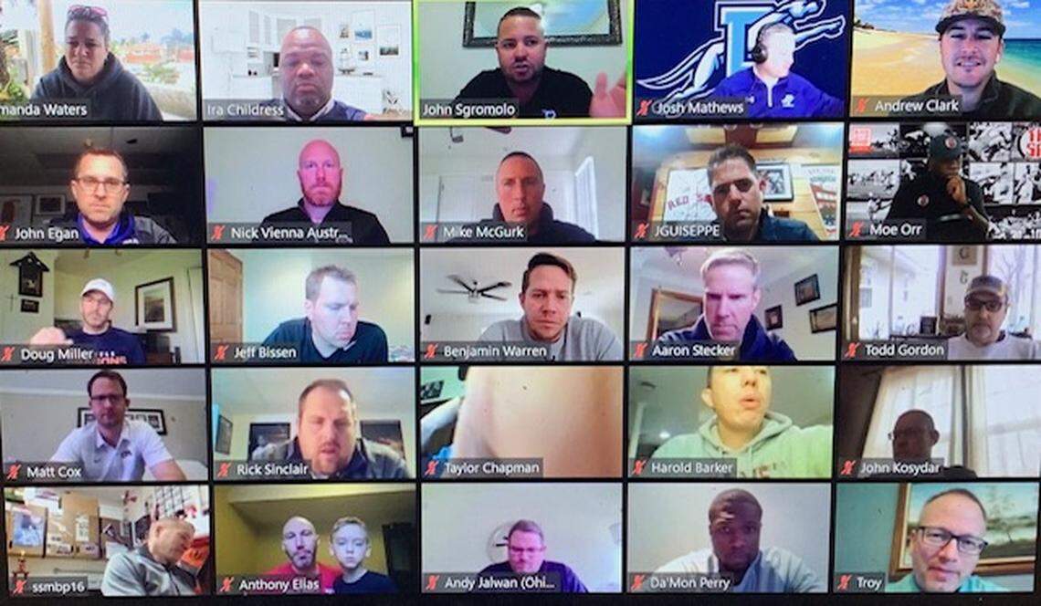 A screenshot of a recent National Athletic Director Resources Network Zoom call. Gulliver Prep AD Ira Childress (first row, second from left), one of the founders of the network, said more than 500 athletic directors from across the county have participated in at least one of the weekly calls so far.
