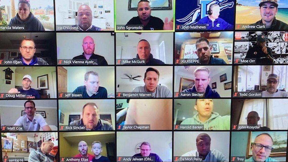 A screenshot of a recent National Athletic Director Resources Network Zoom call. Gulliver Prep AD Ira Childress (first row, second from left), one of the founders of the network, said more than 500 athletic directors from across the county have participated in at least one of the weekly calls so far.