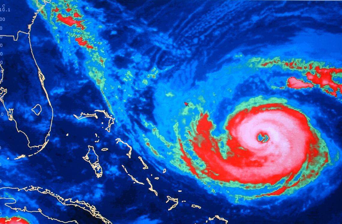 Hurricane Jeanne is seen on a computer monitor, Thursday, Sept. 23, 2004, at the National Hurricane Center in Miami. The hurricane was expected to make landfall that weekend.