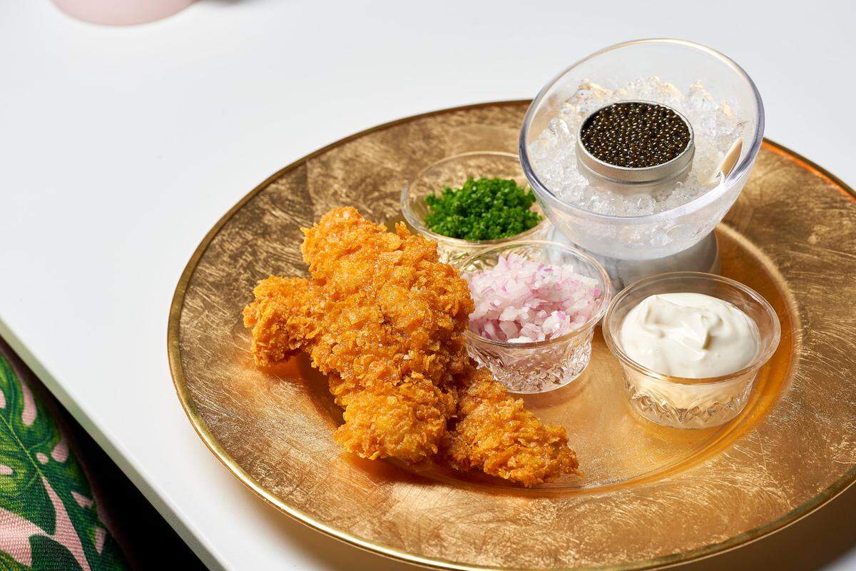 Mimi’s Chicken and Eggs blends fried chicken and caviar.