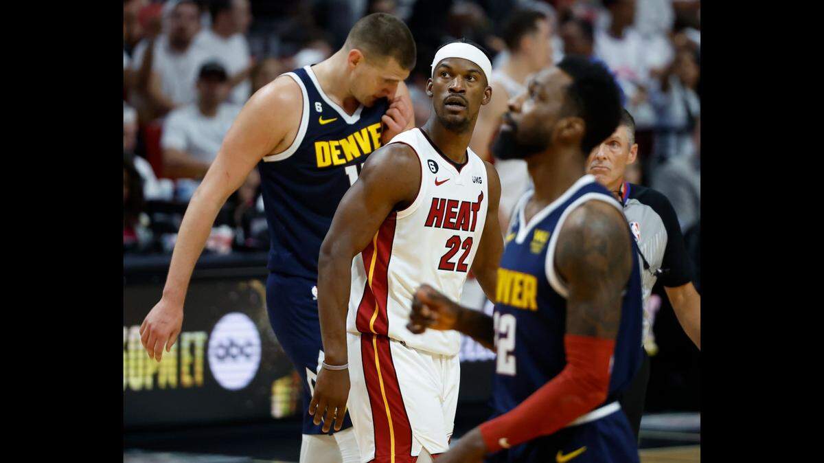 Miami Heat forward Jimmy Butler (22) during the game against the Denver Nuggets in Game 4 of the NBA Finals at the Kaseya Center in downtown Miami, Fla., on Friday, June 9, 2023. During the off-season, each Heat player gets a personalized off-season conditioning program  from the Miami Heat medical team to decrease the risk of injury or reinjury.  
