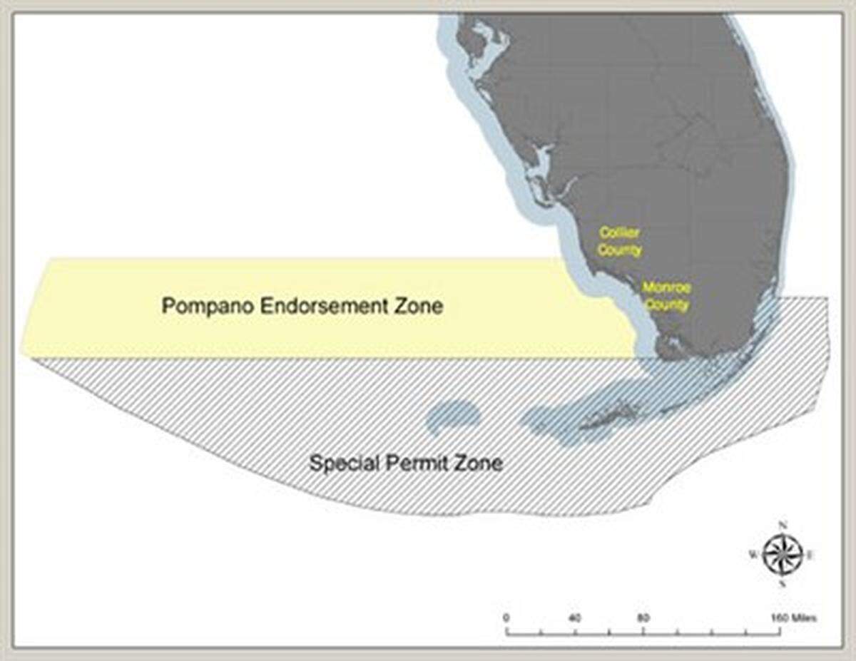 Permit can only be commercially harvested if they are netted as bycatch in the Pompano Endorsement Zone off Florida's west coast. Source: Florida Fish and Wildlife Conservation Commission