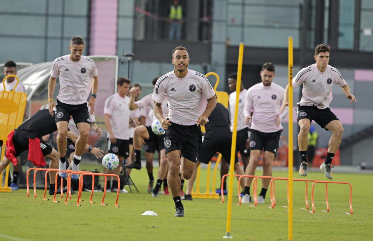 Inter Miami CF forward Jerome Kiesewetter, center, runs drills during MLS soccer training camp at Lockhart Stadium on Tuesday, February 11, 2020 in Fort Lauderdale.