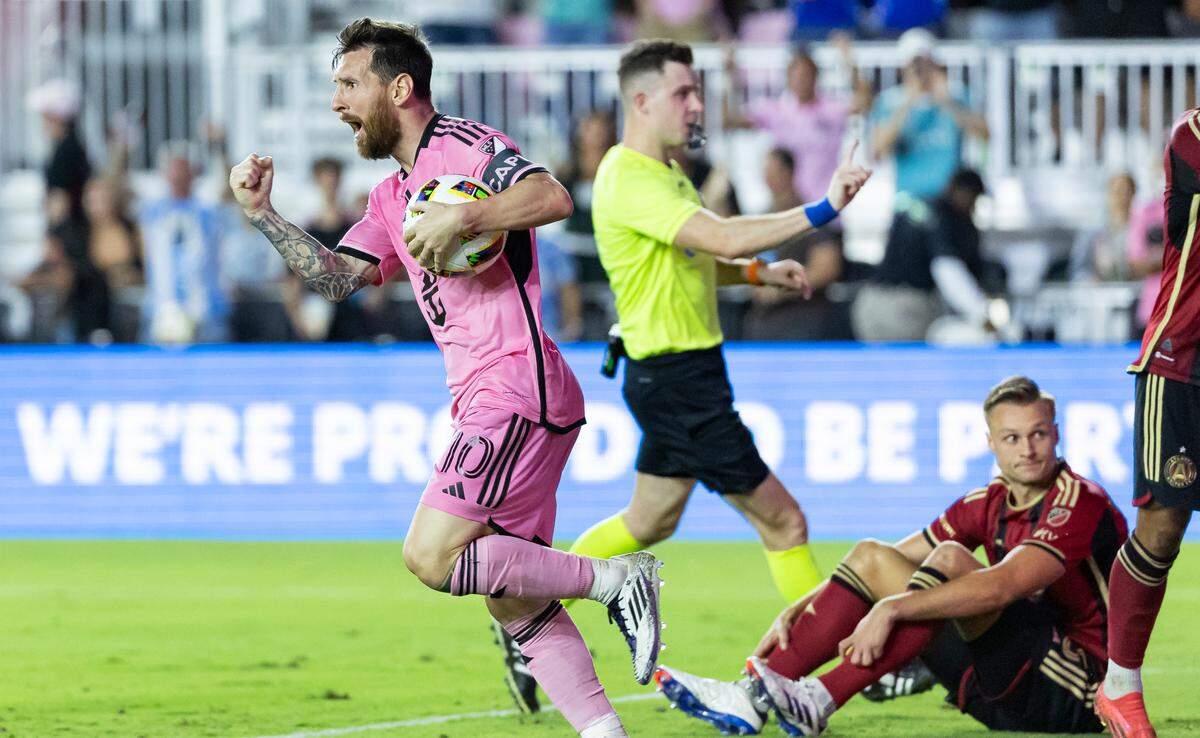 Inter Miami forward Lionel Messi (10) reacts after scoring a goal against Atlanta United in the second half of match three of their MLS Playoffs series at Chase Stadium on Saturday, Nov. 9, 2024, in Fort Lauderdale, Fla.