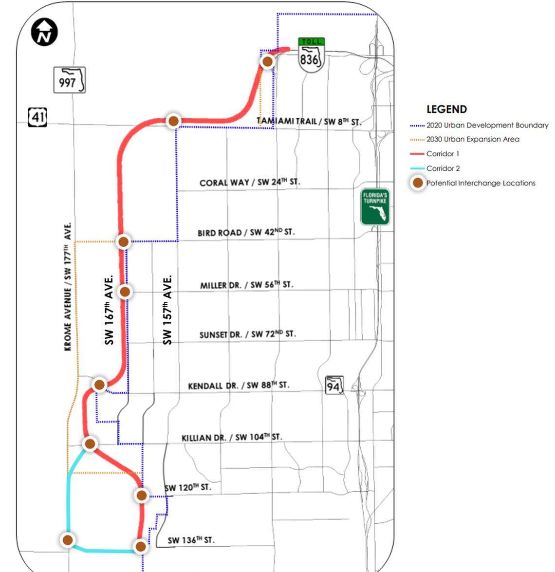 The Miami-Dade Expressway Authority wants to build a 14-mile extension of State Road 836 into West Kendall. The southwest extension would be called the Kendall Parkway. This map shows the two potential southern legs, with one option in light blue and the other in red.