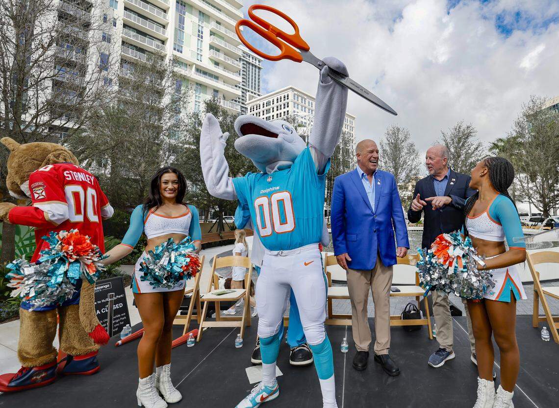Miami Dolphins mascot T.D. reacts during the ribbon cutting ceremony as Huizenga Park reopens after a major renovation in Fort Lauderdale, Florida, on Saturday, January 24, 2026.