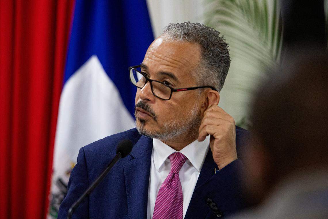 Haitian Prime Minister Alix Didier Fils-Aime attends the end-of-term ceremony of the Presidential Transitional Council in Port-au-Prince on Feb. 7, 2026. 