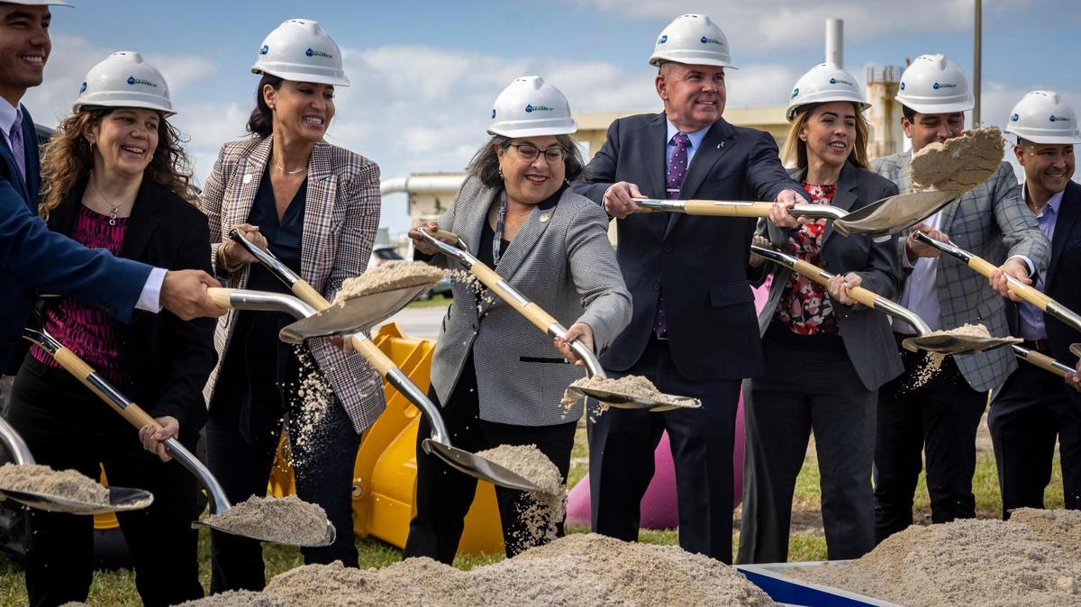 Miami,FL- February 8, 2023 - Miami Dade County Mayor Daniella Levine Cava, fifth from right, and Water and Sewer Director Roy Coley, fourth from right, along with other elected officials break ground during a ceremony in. South Dade. Miami Dade County is spending $600 million to add capacity to the South Dade wastewater treatment plant, which will allow more development and septic to sewer conversions.