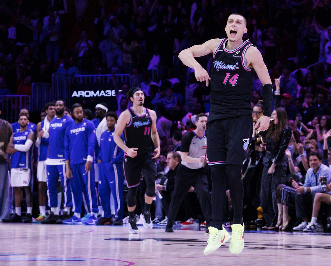 Miami Heat guard Tyler Herro (14) reacts during the second half of a game against the Philadelphia 76ers on Monday, March 30, 2026, at the Kaseya Center in downtown Miami, Fla. 