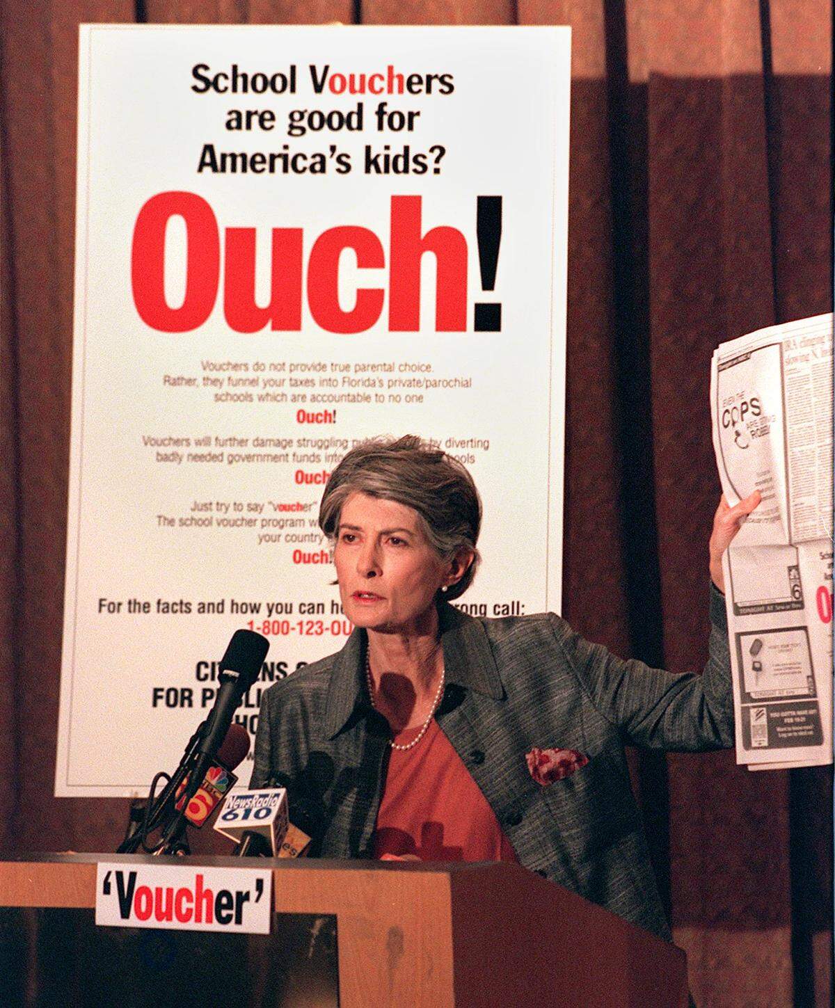In this file photo from Feb. 15, 2000, Janet McAliley, a member of the then-newly formed Citizens Committee for Public Information on School Vouchers, and an advocate for public school education, detailed the committee’s plans concerning school vouchers at a press conference at the Windham Hotel on Biscayne Boulevard.