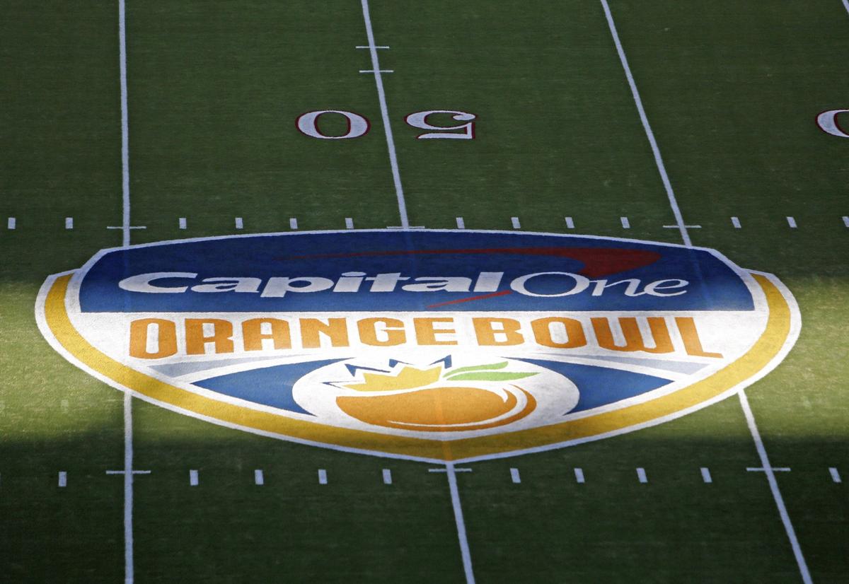 A view of the Orange Bowl logo on the field before the start of College Football Playoff Semifinal at the Orange Bowl game between the Crimson Tide against the Oklahoma Sooners at Hard Rock Stadium on Saturday, Dec. 29 2018, in Miami Gardens.