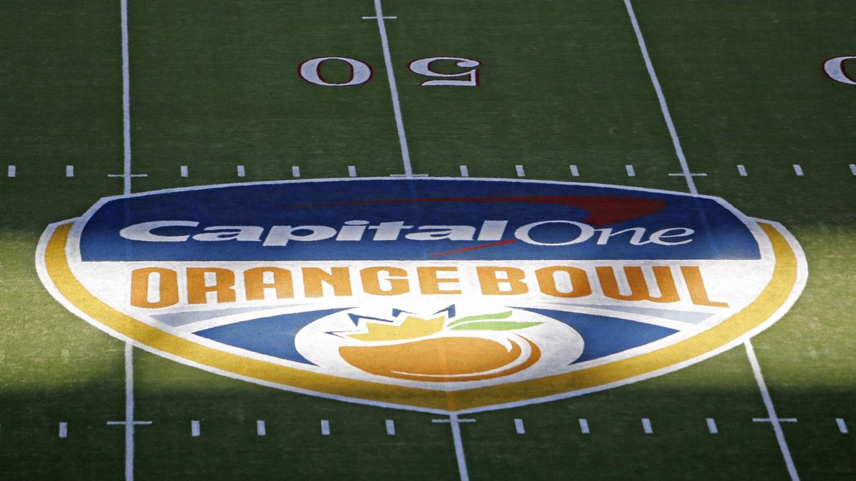 A view of the Orange Bowl logo on the field before the start of College Football Playoff Semifinal at the Orange Bowl game between the Crimson Tide against the Oklahoma Sooners at Hard Rock Stadium on Saturday, December 29 2018, in Miami Gardens.