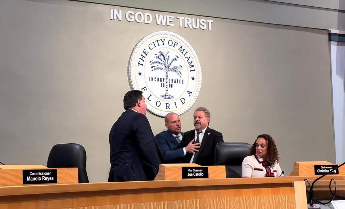 A still image from a video captured of a near-brawl between Miami Commissioners Joe Carollo and Miguel Angel Gabela in January 2024.