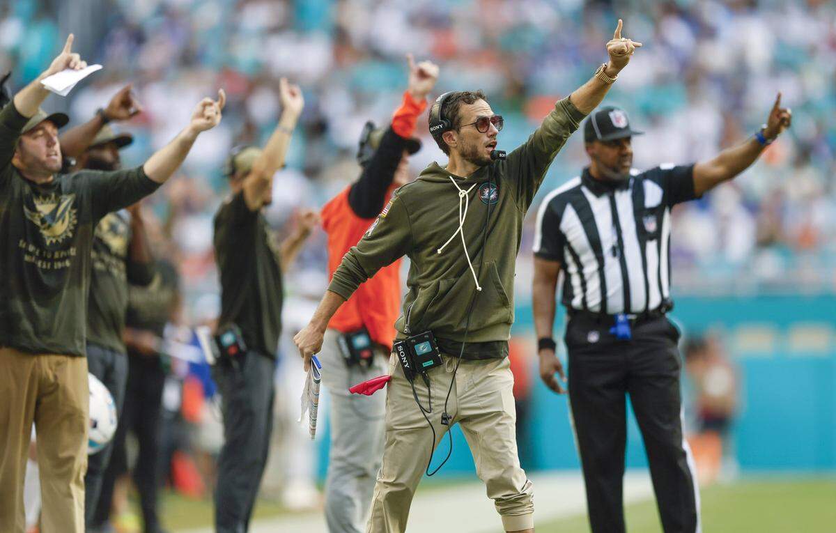 Miami Dolphins head coach Mike McDaniel gestures in the second half of an NFL football game against the Buffalo Bills at Hard Rock Stadium in Miami Gardens, Florida on Sunday, November 9, 2025.