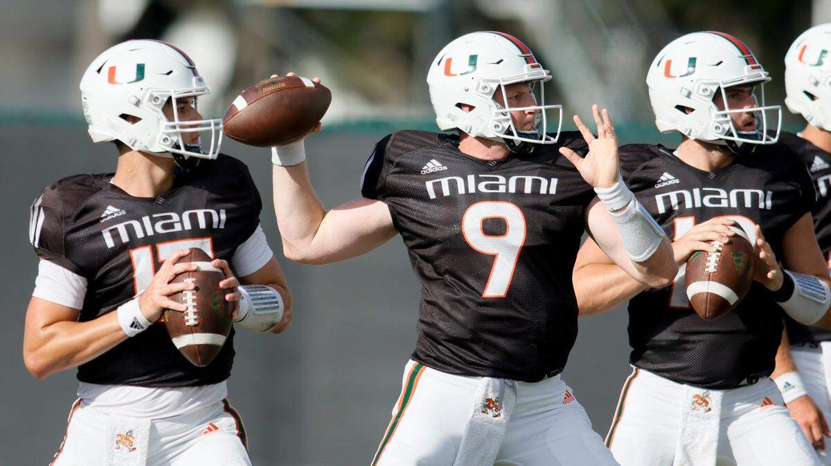 Miami Hurricanes quarterback Tyler Van Dyke (9) throws the football during football practice at the University of Miami campus in Coral Gables, Florida, Thursday, March 23, 2023.