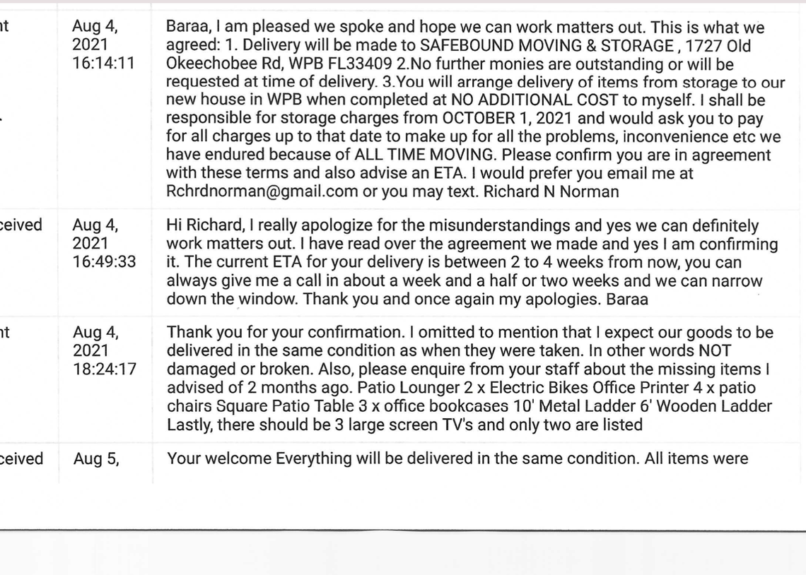 Texts between Richard Norman and a representative of All Time Moving.