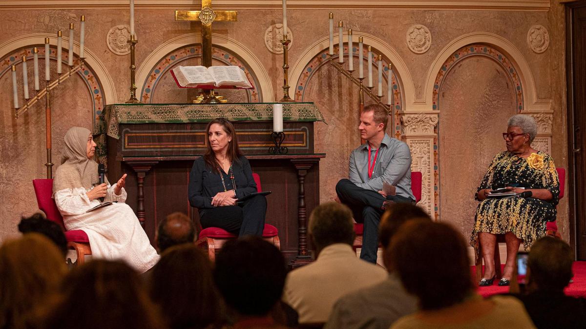 (L-R) Raabia Khan of the Islamic Foundation of South Florida, Rabbi Robyn Fisher of Beth Or, Pastor Aaron Lauer of Coral Gables Congregational United Church of Christ and Bea Hines of Miami Herald are seen at an interfaith discussion at Congregational United Church of Christ in Coral Gables, Florida on Sunday, July 17, 2022.