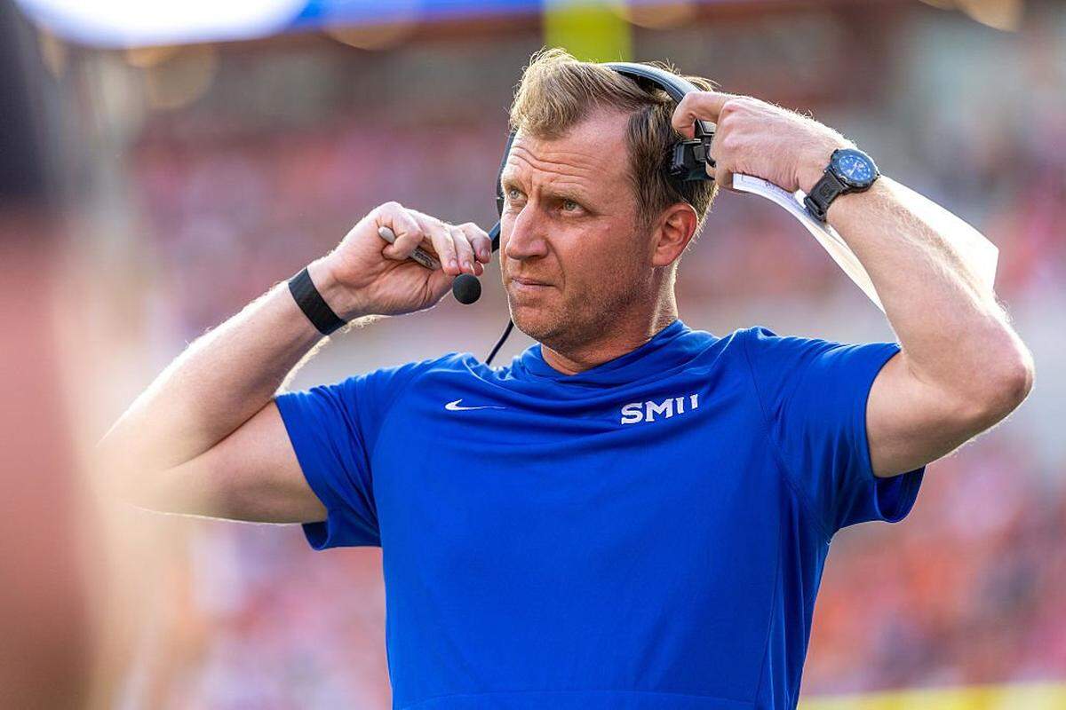 CLEMSON, SOUTH CAROLINA - OCTOBER 18: Head coach Rhett Lashlee of the Southern Methodist Mustangs stands on the sidelines during the second half against the Clemson Tigers at Memorial Stadium on October 18, 2025 in Clemson, South Carolina. (Photo by Tom Hauck/Getty Images)