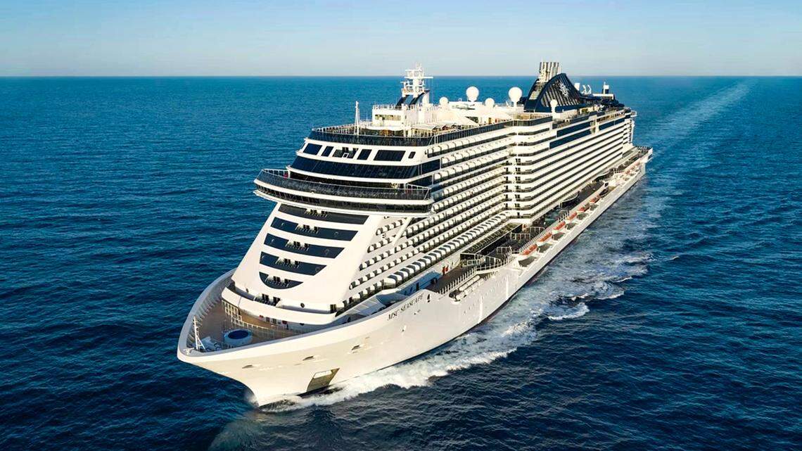 A scenic view of the MSC Seascape cruising offshore.