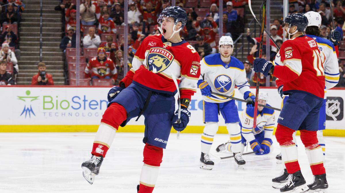 Florida Panthers left wing Sandis Vilmanis (95) reacts after scoring a goal during the first period of a game against the Buffalo Sabres on Monday, Feb. 2, 2026, at Amerant Bank Arena in Sunrise, Fla.