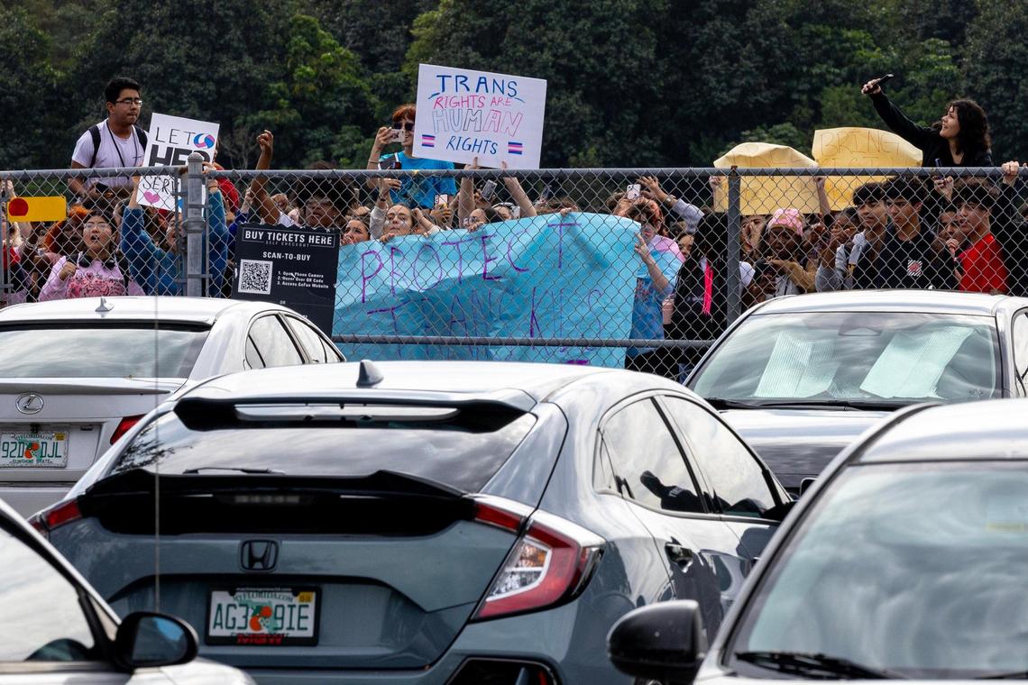 Monarch High School students conduct a walkout on Tuesday, Nov. 28, 2023 after the principal, James Cecil, and other staff members were removed from their positions pending an investigation. The reassignments occurred because a trans student had been playing volleyball at the school in Coconut Creek, Florida.