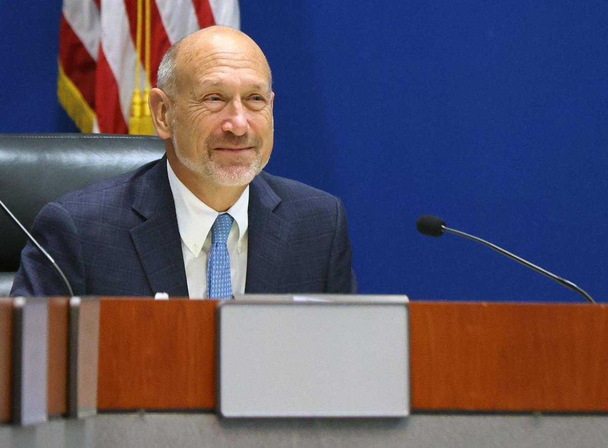 Board member Allen Zeman smiles as new school board staffers are presented during the Broward School Board meeting on Dec. 13, 2022. The board voted that day to rescind the November firing of Broward Superintendent Vickie Cartwright by the previous school board.