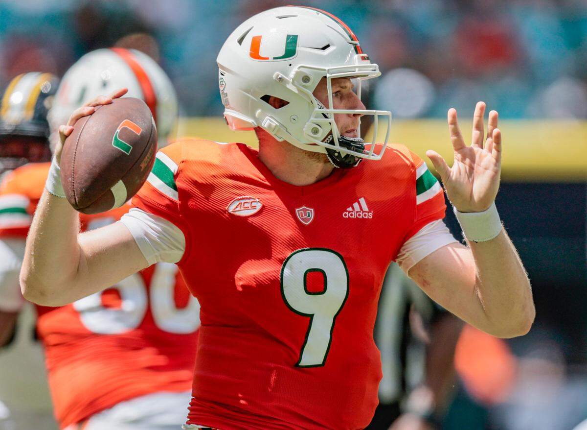 Miami Hurricanes quarterback Tyler Van Dyke (9) looks down field to pass in the third quarter against Southern Miss Golden Eagles at Hard Rock Stadium in Miami Gardens on Saturday, September 10, 2022.