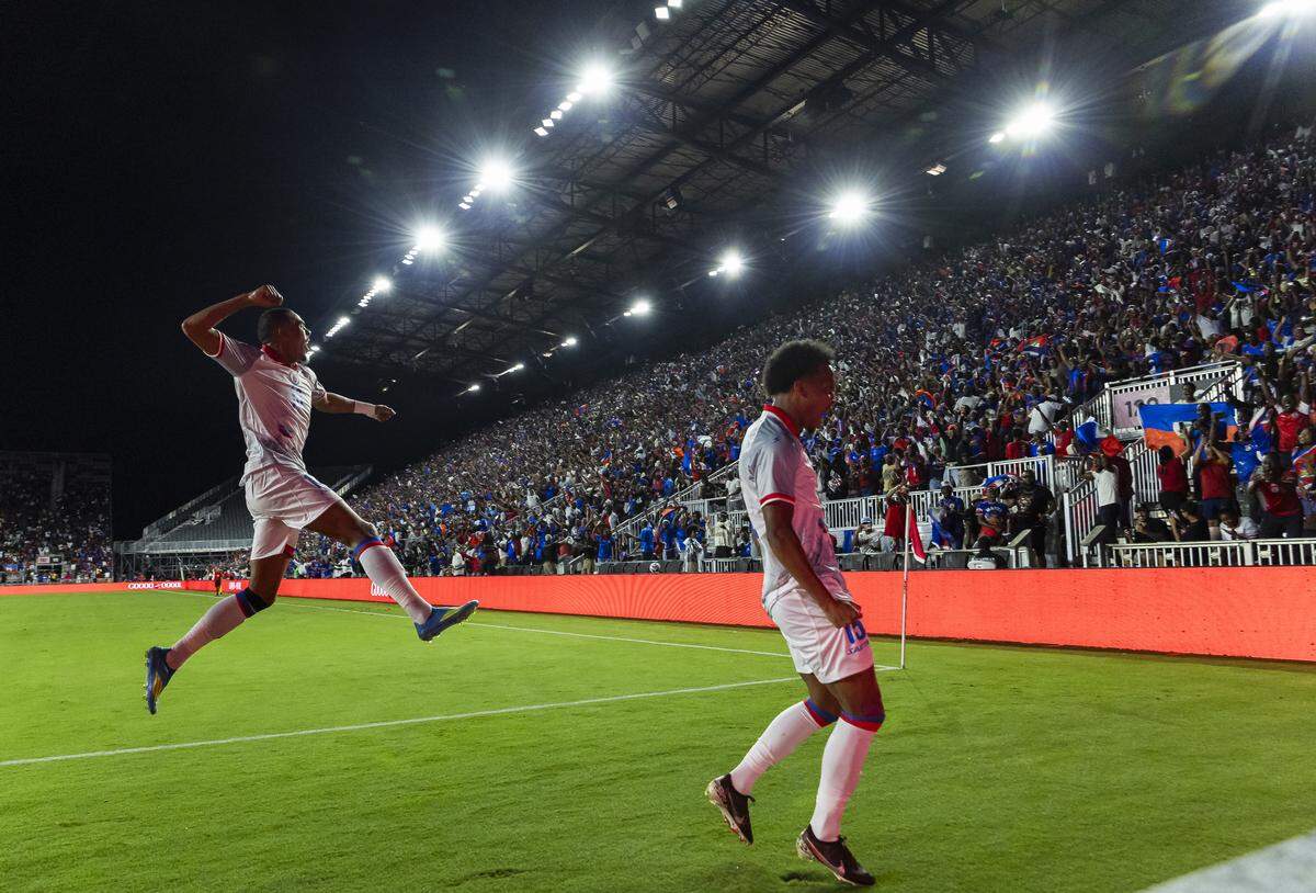 Haiti forward Ruben Providence (15) celebrates after scoring a goal against New Zealand in the first half of their friendly soccer match at Chase Stadium on Tuesday, June 2, 2026, in Fort Lauderdale, Fla.