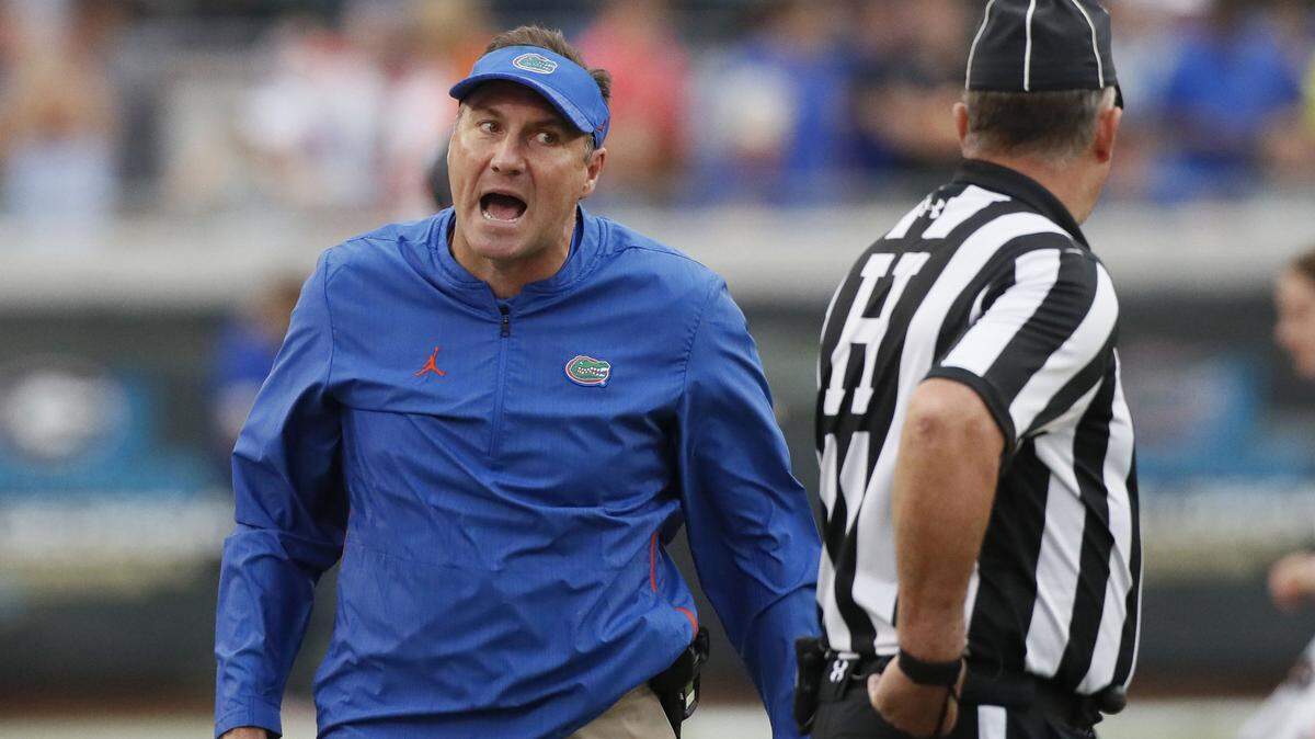 On October 27, 2018, Florida head coach Dan Mullen has a conversation with the officials after he was penalized for unsportsmanlike against Georgia at TIAA Bank Field in Jacksonville, Fla. On Saturday, Nov. 10, 2018, Mullen’s Gators rallied for a 35-31 home win against South Carolina.