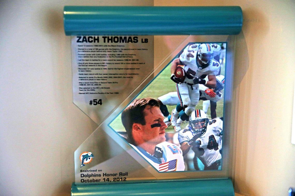 Former Miami Dolphins linebacker Zach Thomas’ Dolphins Honor award, Hillsborough Beach, Florida, Tuesday, January, 21, 2020. Thomas will be considered to be inducted into the NFL Hall of Fame for 2020.