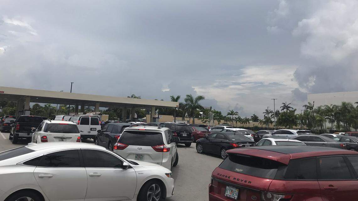A familiar sight on roadways on Aug. 29, 2019, near gas stations in Florida as residents scramble to fuel up ahead of Hurricane Dorian.