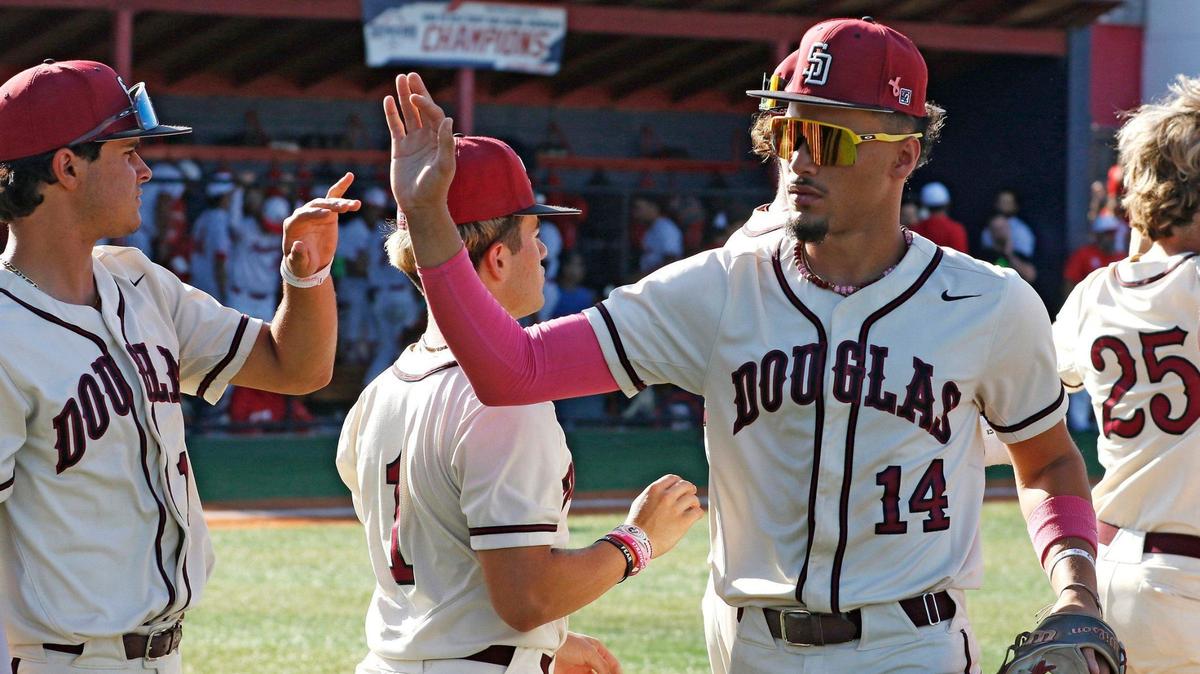 Stoneman Douglas Eagles Rylan Lujo (14) celebrates during a baseball game against Doral Academy Firebirds on Friday, April 19, 2024 at Doral Academy HS in Doral.