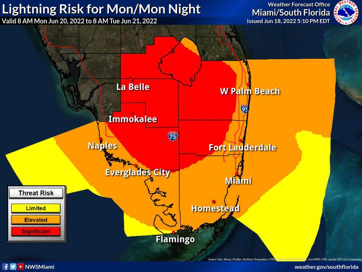 Lightning risk levels in South Florida. At a elevated risk level, numerous thunderstorms are possible. Forecasters say, “Plan to stop all outdoor activity.”