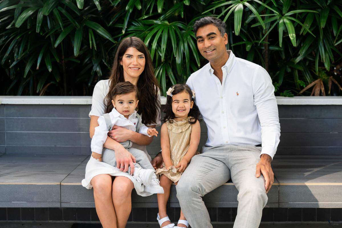 Dr. Katherine Amin, a urologist at the University of Miami Health System, and Dr. Sunil Amin, a UHealth gastroenterologist, with their children, Zian, 15 months, and Maya, 2 1/2. Katherine learned she was pregnant with their son when the pandemic began in March 2020.