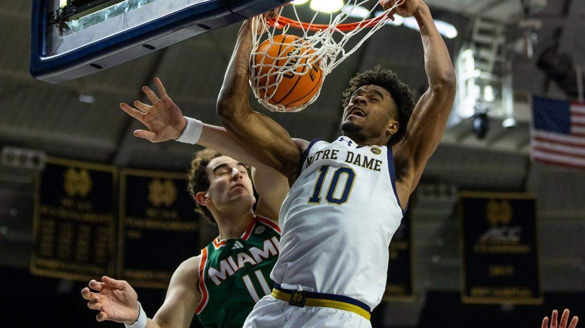 University of Miami forward Salih Altuntas (11) battles Notre Dame’s Jalen Harelson for a rebound in an 81-68 Hurricanes road victory on Jan. 13, 2026.