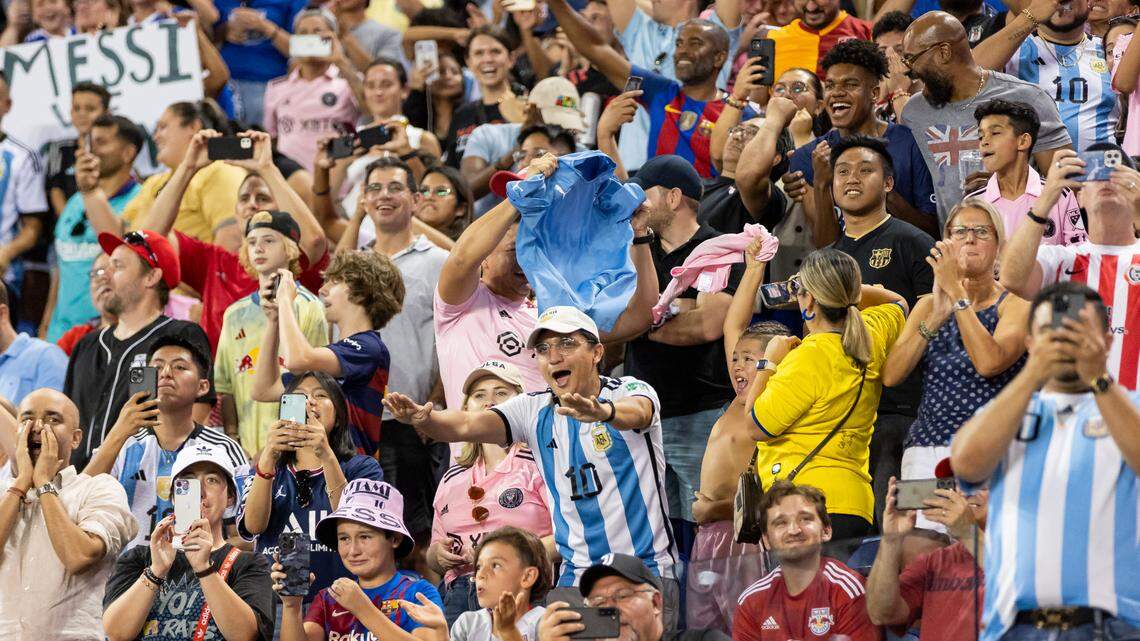 Fans cheer after Inter Miami forward Lionel Messi (10) scored a goal against New York Red Bulls in the second half of an MLS match at Red Bull Arena on Saturday, Aug. 26, 2023, in Harrison, N.J.