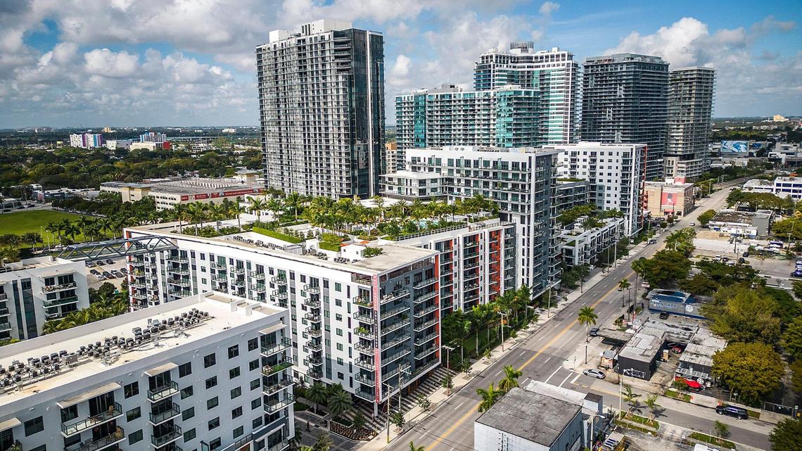 South Florida apartment rents have retreated since the big annual increases the past two years. This is an aerial view looking northwest at apartment buildings in Midtown Miami, including the AMLI Midtown Miami complex at 3000 NE 2nd Ave. on Friday Dec. 30, 2022.
