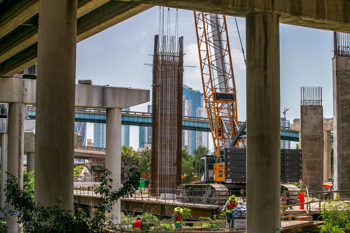 Pier construction for the new SR 836 double-decked section at the core of the SR 836/I-395/I-95 Interchange as part of the I-395/SR 836/I-95 Design-Build Project, on Wednesday, Aug. 3, 2022.