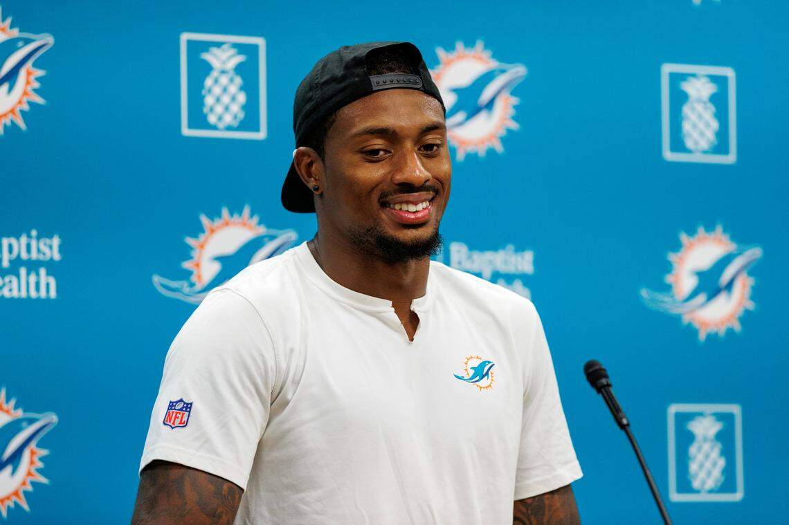 Miami Dolphins safety DeShon Elliott (21) speaks with the media after NFL football training camp at Baptist Health Training Complex in Hard Rock Stadium on Tuesday, August 1, 2023 in Miami Gardens, Florida.