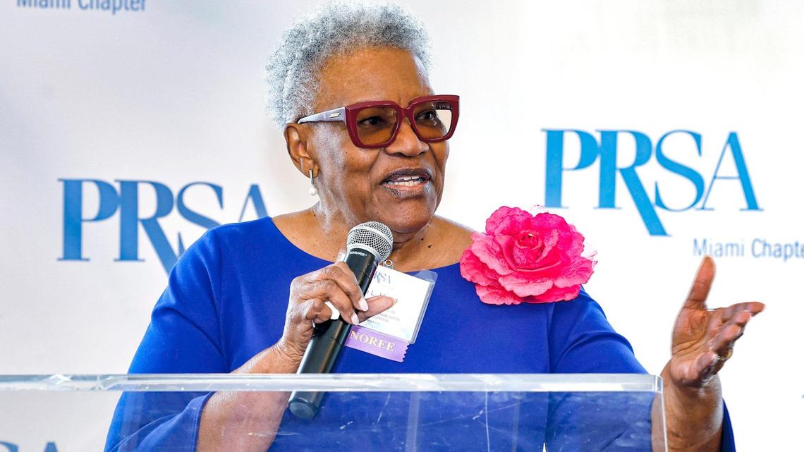 Bea Hines, the Miami Herald columnist and the Herald’s first Black female reporter, speaks after receiving the Royal Palm Award at the Ev Clay/PRSA Miami Chapter Endowment Fund Luncheon at the Rusty Pelican restaurant in Miami on Friday, Oct. 6, 2023. ‘I want you to know that I stand before you today as a woman who is totally humbled.’